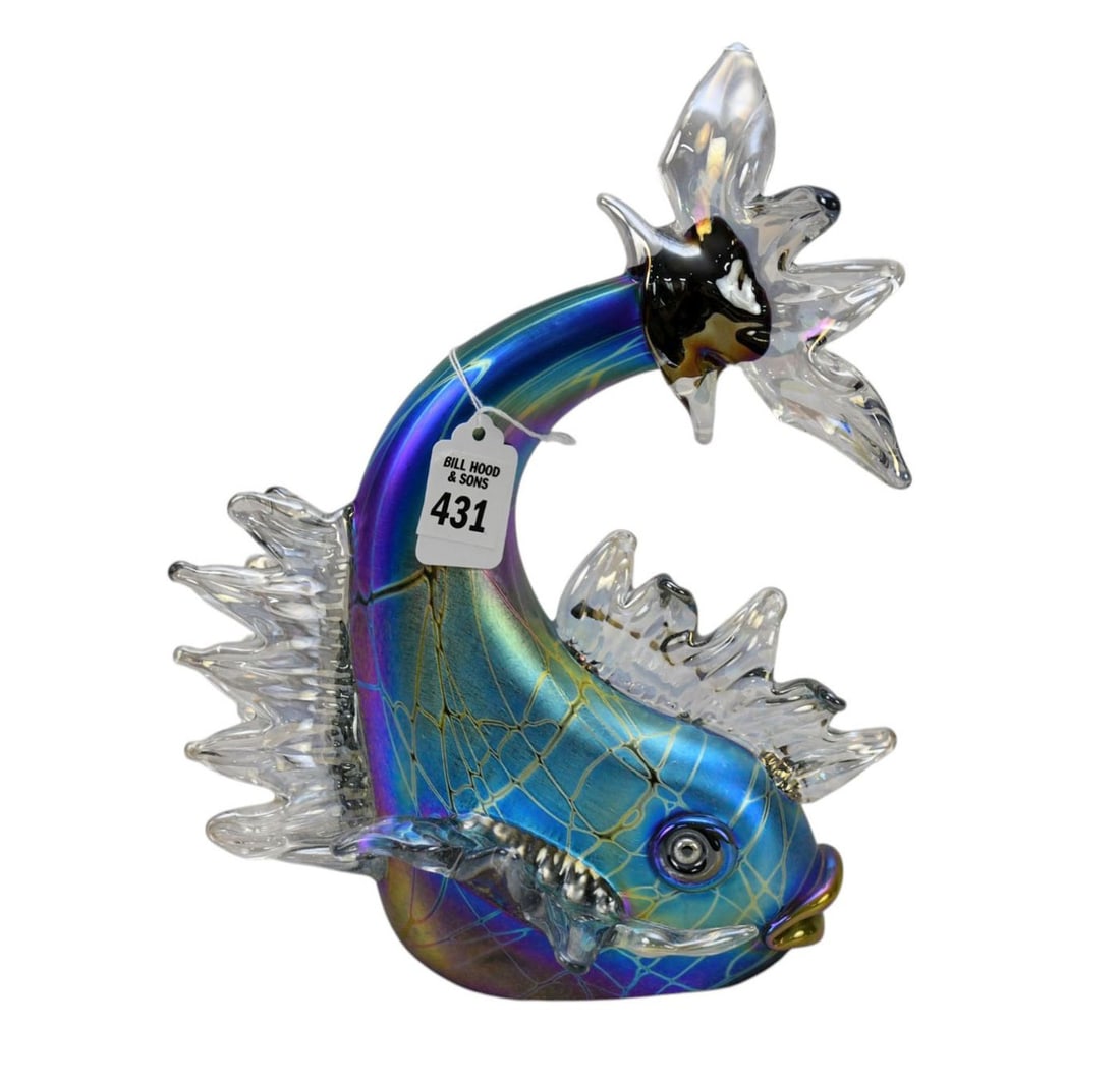 Iridescent Multi Color Fish Sculpture, Signed Ableman 2002, 11"h x 8"square (1 of 6)
