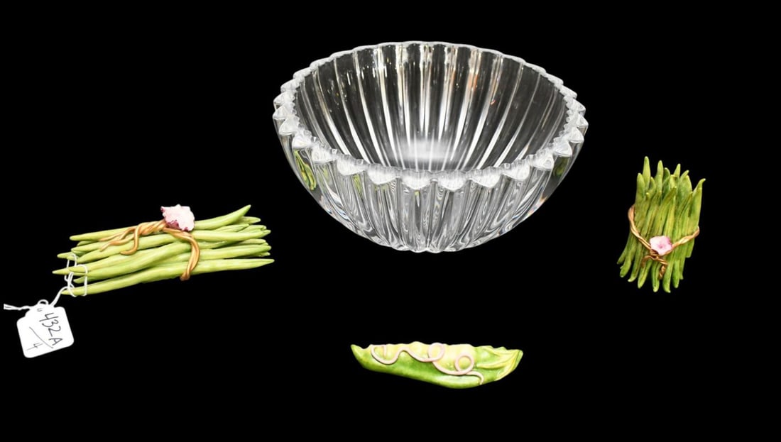 Tiffany & Co Crystal Bowl with Heart Motif Around Rim, Sold with 3 Ceramic Bunches of Veggie,: Tiffany & Co Crystal Bowl with Heart Motif Around Rim, Sold with 3 Ceramic Bunches of Veggie, Smaller Green Beans Missing Piece, Signed Ketto 92 -USA, Others Good Condition