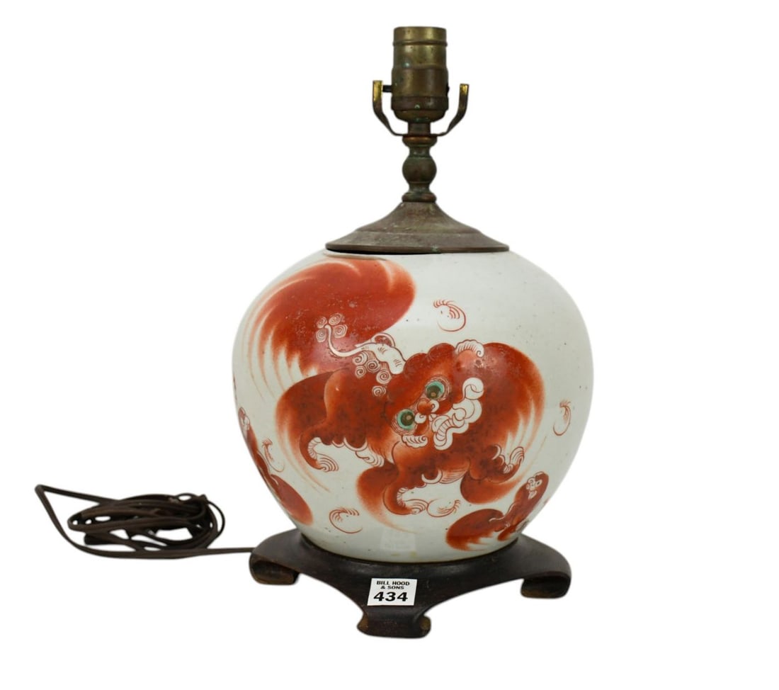 Antique Chinese Ginger Jar Converted To Table Lamp Depicting Iron-Red Foo Dog, Wood Base, 13"h x 9"w (1 of 9)