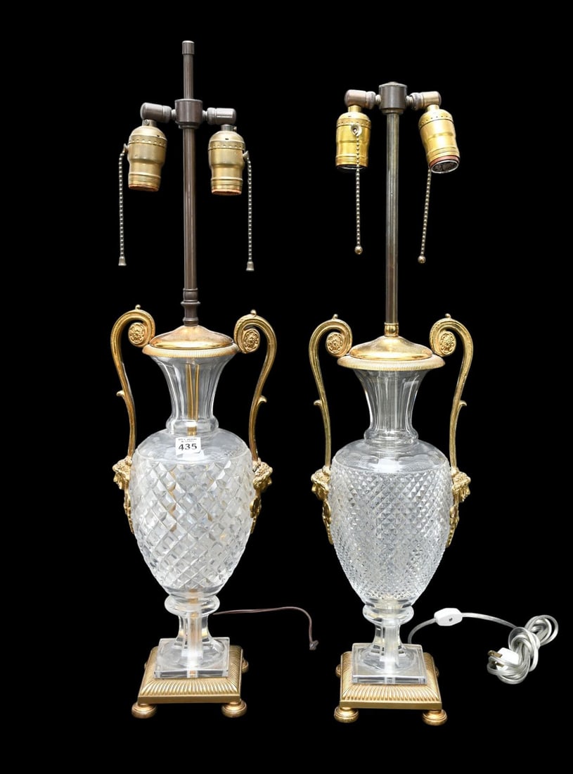 2 Crystal & Gilt Bronze Lamps, French Neo-Classical Empire Style, Crystal Urn Shapes with Gilt (1 of 5)