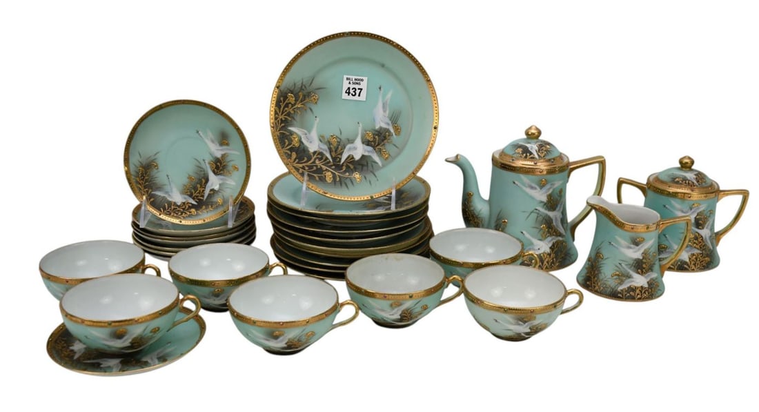 Japanese Porcelain Tea/Dessert Set, Depicting Flying Geese, Aqua/Turquoise Ground with Gold Accents, (1 of 9)