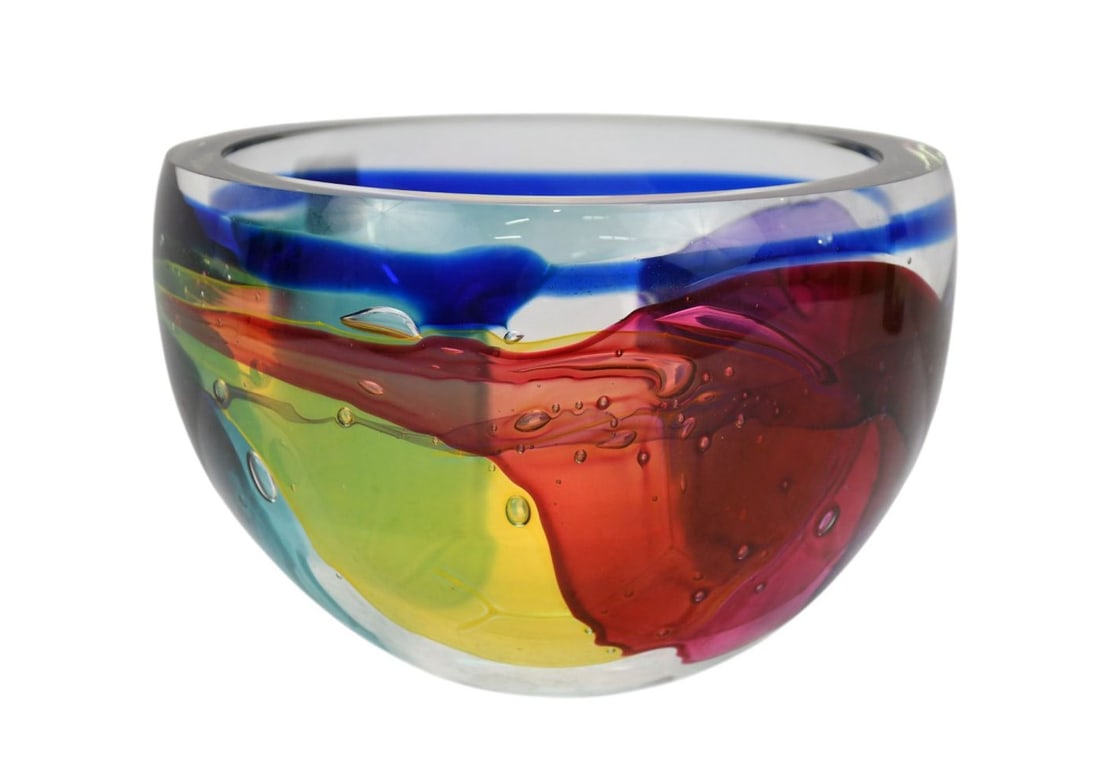Leon Applebaum Lava Bowl, Contemporary Art Glass Bowl with Fused Glass, 5 1/2"h x 7 3/4"dia (1 of 4)