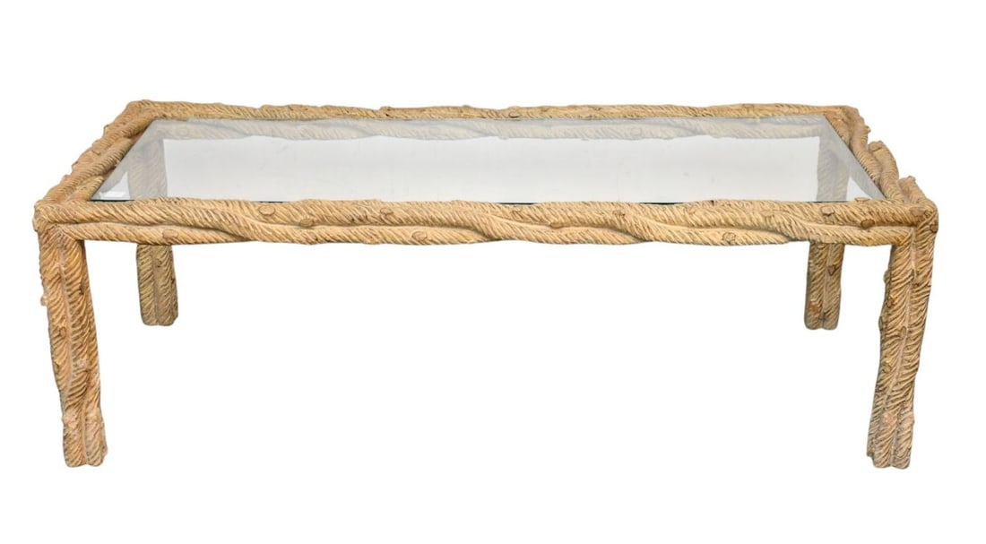 Coffee Table with Composition Rope Moitf Base and Removeable Glass Top, 17"h x 50"w x 24"d (1 of 5)