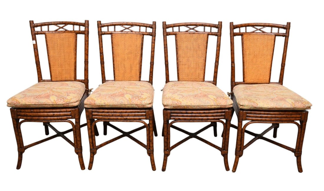 4 Bamboo Tortoise Motif Chairs with Woven Center Vertical Splats, Removeable Cushions, 39"h x (1 of 11)