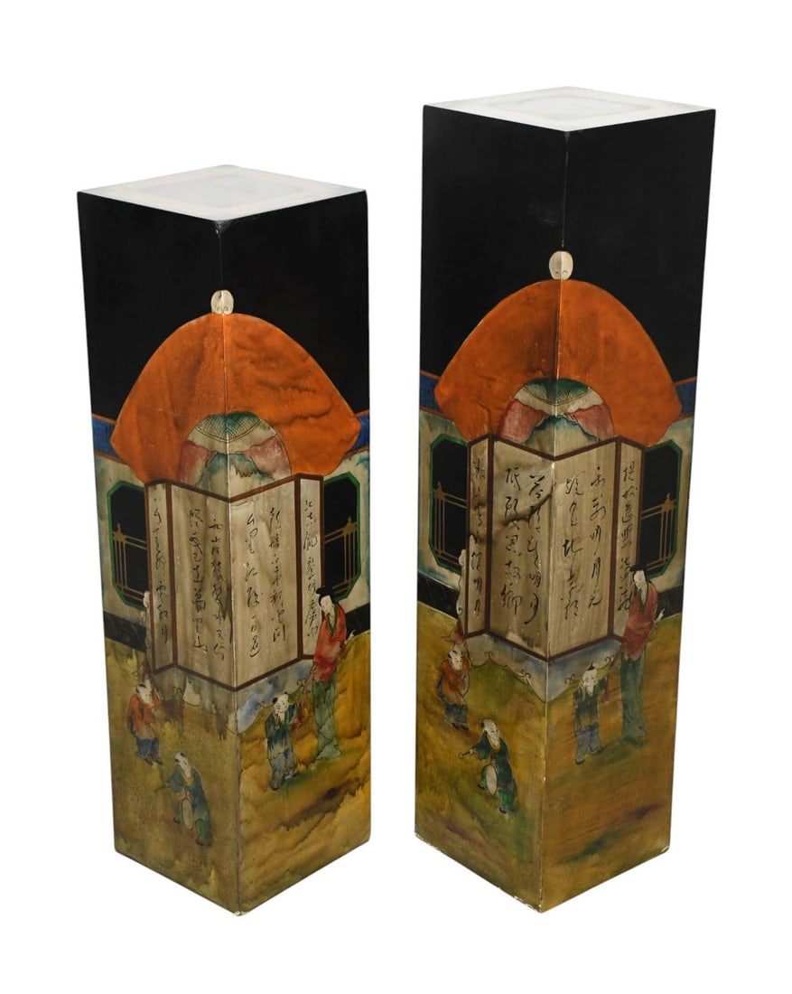 2 Graduated Pedestals with Japanese Motif, 40"h x 10"w (1 of 6)