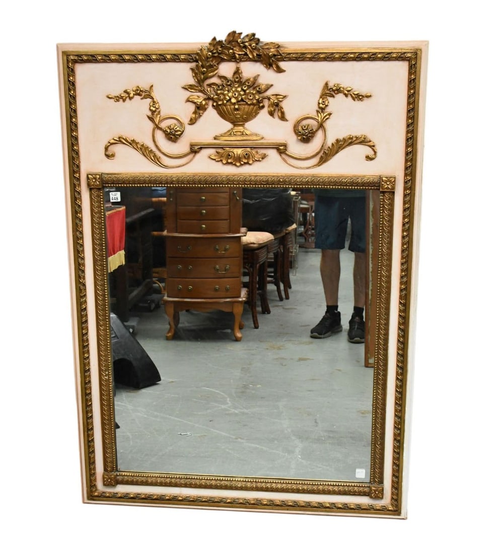 Large Decorative Mirror, Gilded Urn & Laurel Leaf Design Panel Above Mirror, 54"h x 66"w (1 of 6)