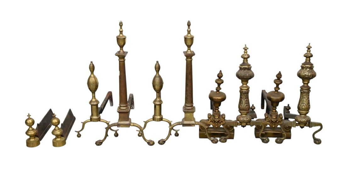 Collection of 5 Pairs Antique Brass Andirons, 27"h x 19"w (1 of 6)