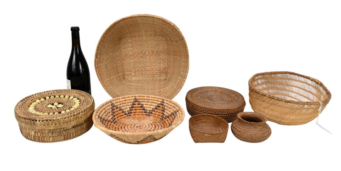 Lot of 7 Assorted Vintage Indian Baskets, Largest 5"h x 13 1/2"dia (1 of 10)