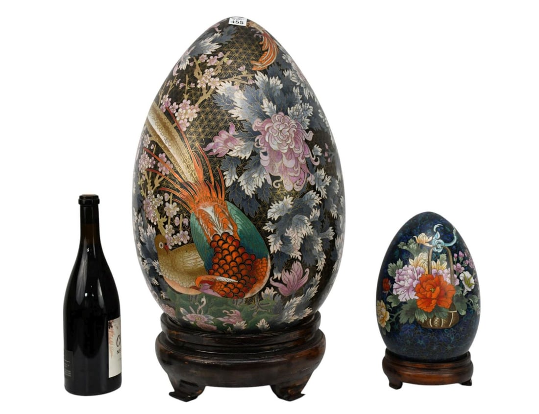 Large Chinese Cloisonne Egg Form Object d'Art on Stand, Multi Color with Orange Phoenix, 25"h x 15"w (1 of 12)