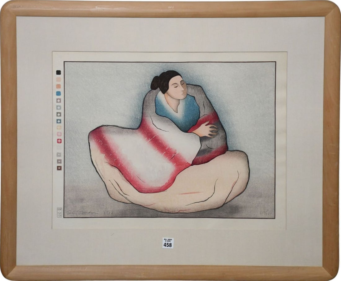 R.C. Gorman (1932-2005, Navajo/Dine) Maya colored wood block- MAYA 1982. graceful, seated woman: R.C. Gorman (1932-2005, Navajo/Dine) Maya colored wood block- MAYA 1982. graceful, seated woman draped in a soft blanket with distinctive red and white stripes over a blue blouse. Pencil signed lower 