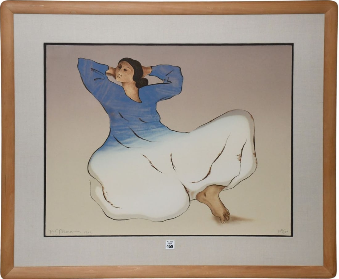 R.C. Gorman (1932-2005, Navajo/Dine) Min-1982. featuring a stylized figure in a blue top and flowing: R.C. Gorman (1932-2005, Navajo/Dine) Min-1982. featuring a stylized figure in a blue top and flowing white garment. Overall frame size 32 1/2 x 38 1/2 inches. sheet size 22 1/2 x 28 inches. pencil sig