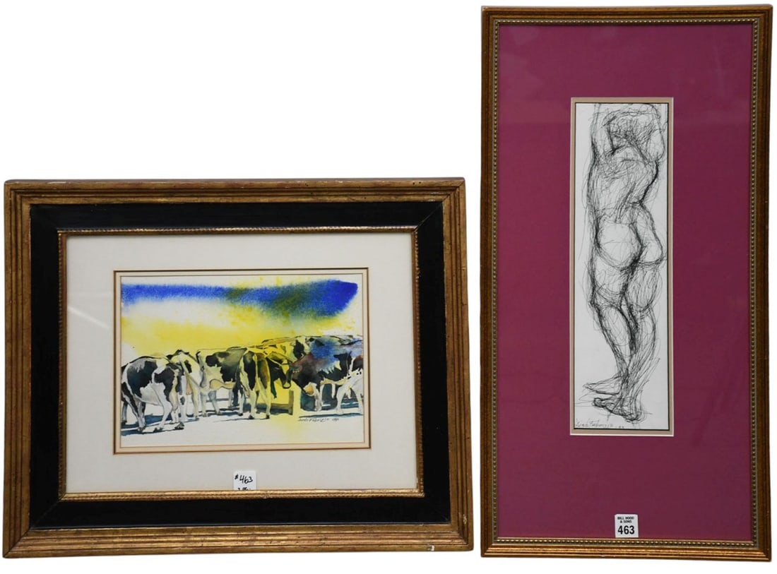 Dino Fabrizio Pen and Ink, sketch of a standing woman-1993. approximately 15 x 4 inches. Overall: Dino Fabrizio Pen and Ink, sketch of a standing woman-1993. approximately 15 x 4 inches. Overall frame size 25 x 13 inches. sold with a second watercolor by Dino Fabrizio Cows Watercolor -1991. approx