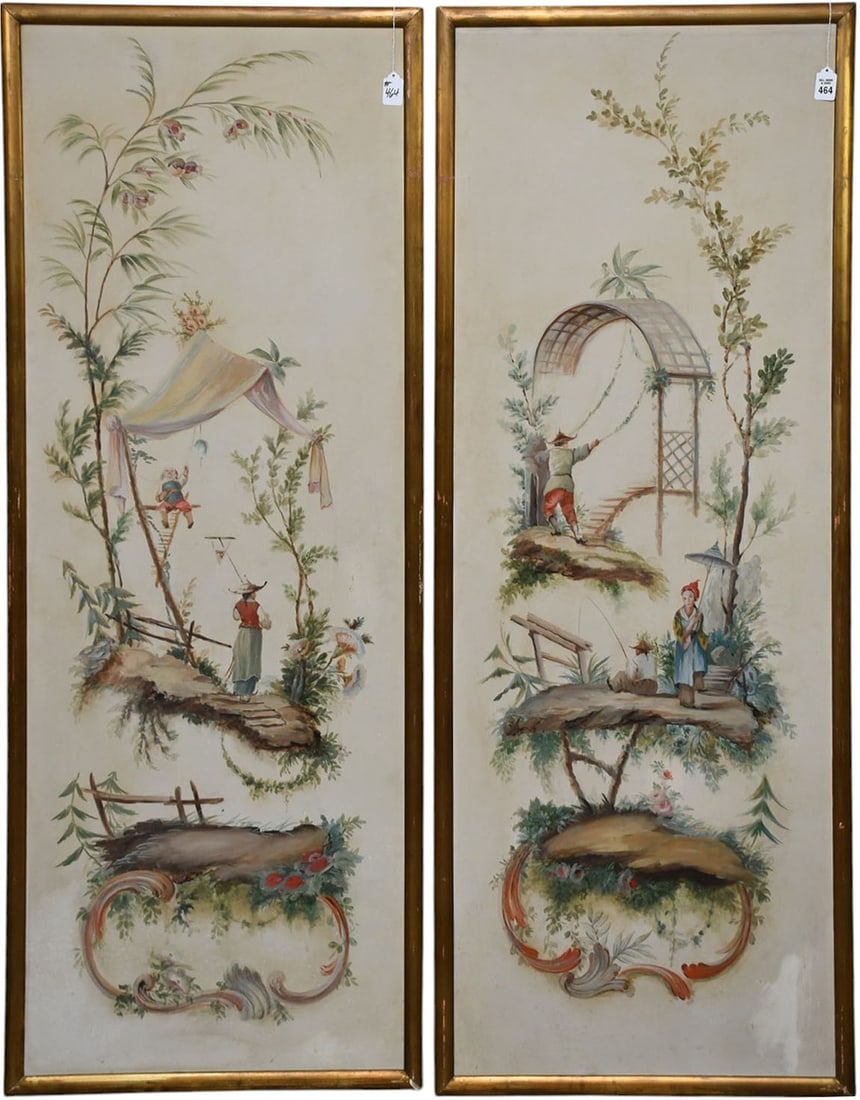 Two 20th Century Chinoiserie Painted Panels, After Jean Baptiste Pillement. 58 x 23 inches each (1 of 6)