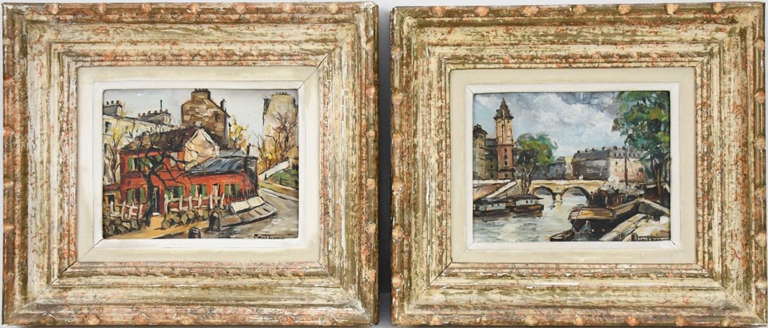 Pair small French Scenes by Paul Feron, panting size 5-1/2 x 7 inches. overall framed 10-1/2 x 12 (1 of 8)