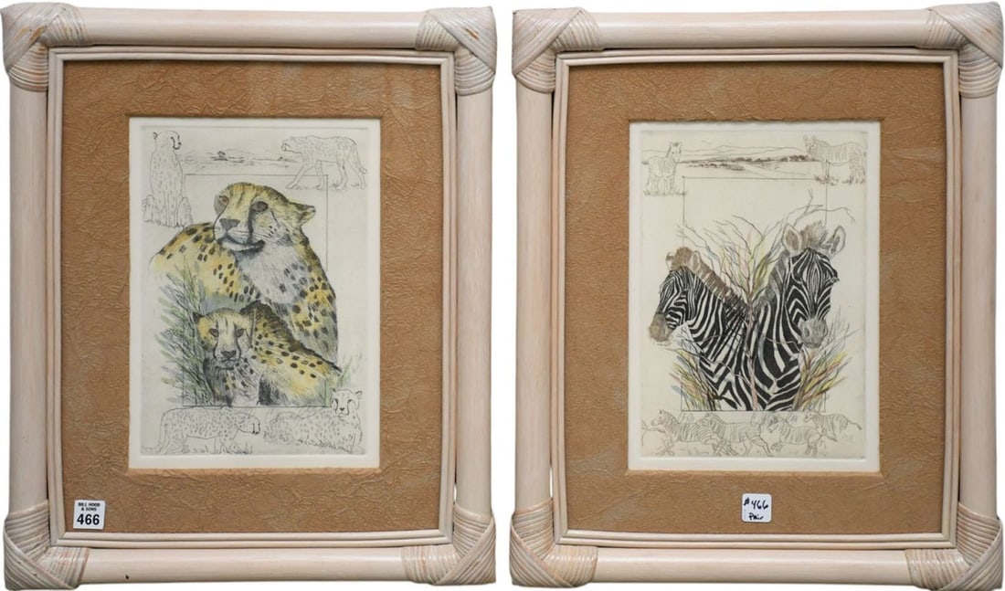 Pair Decorative Colored Animal Etchings, pencil Signed Zebra and Tiger by Gloria Eriksen. (1 of 7)