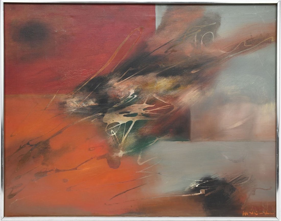 Japanese oil on canvas abstract expression, overall 24 x 31 inches. signed lower right illegibly.: Japanese oil on canvas abstract expression, overall 24 x 31 inches. signed lower right illegibly.