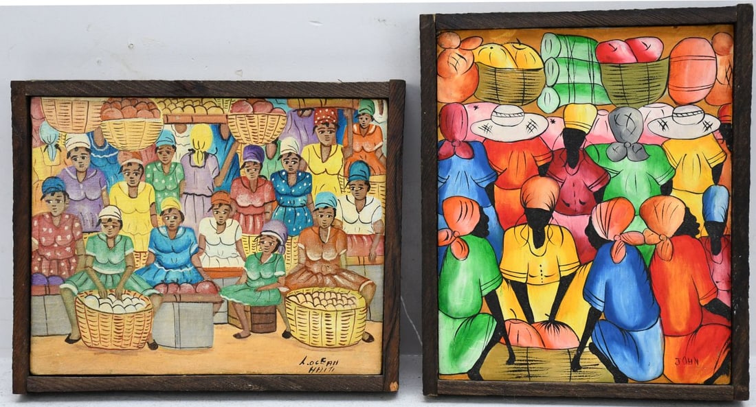 Pair small Haitian Paintings, oil on canvas, women and market scenes- both signed. 10 x 8 inches (1 of 6)