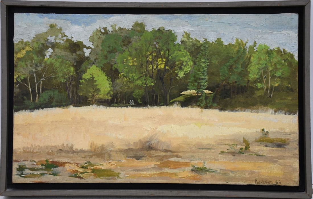 Landscape signed and dated '66. oil on canvas wooded area w/ spaceship and ET's. Signed Illegibly: Landscape signed and dated '66. oil on canvas wooded area w/ spaceship and ET's. Signed Illegibly Cannon???? 10 x 15-3/4 inches.