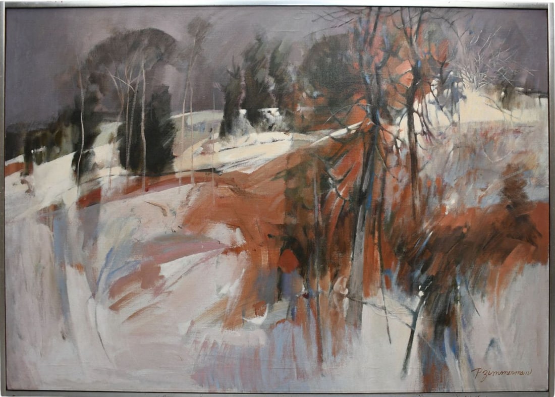 Paul Warren Zimmerman (American 1921-2007) oil on canvas, Landscape snow and tree's, 36 x 52 inches. (1 of 9)