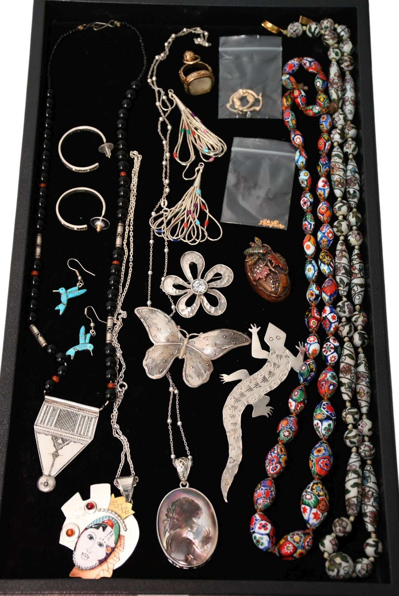 14K Yellow Gold, Sterling Silver & Costume Jewelry Lot. 14K gold earrings wt. 1.1 grams, 1.3 grains (1 of 7)