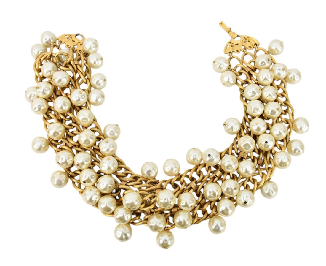 Prince Kamy Yar Pearl Collar Necklaces. Vintage rare statement pieces from the 1980s couture fashion: Prince Kamy Yar Pearl Collar Necklaces. Vintage rare statement pieces from the 1980s couture fashion jewelry scene, often featuring chunky multi-strand designs. 15"