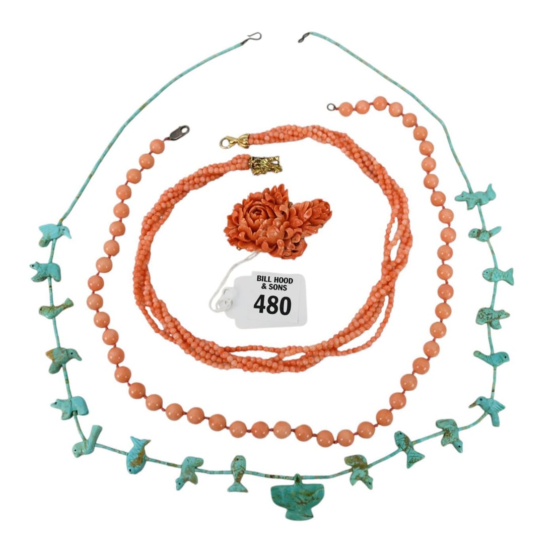 Coral & Turquoise Jewelry Lot. Turquoise Animal Fetish Necklace 29", 2 Coral necklaces one with: Coral & Turquoise Jewelry Lot. Turquoise Animal Fetish Necklace 29", 2 Coral necklaces one with dragon clasp 16" - 20" both with sterling clasp , Carved Floral brooch 2.25" x 1.5"