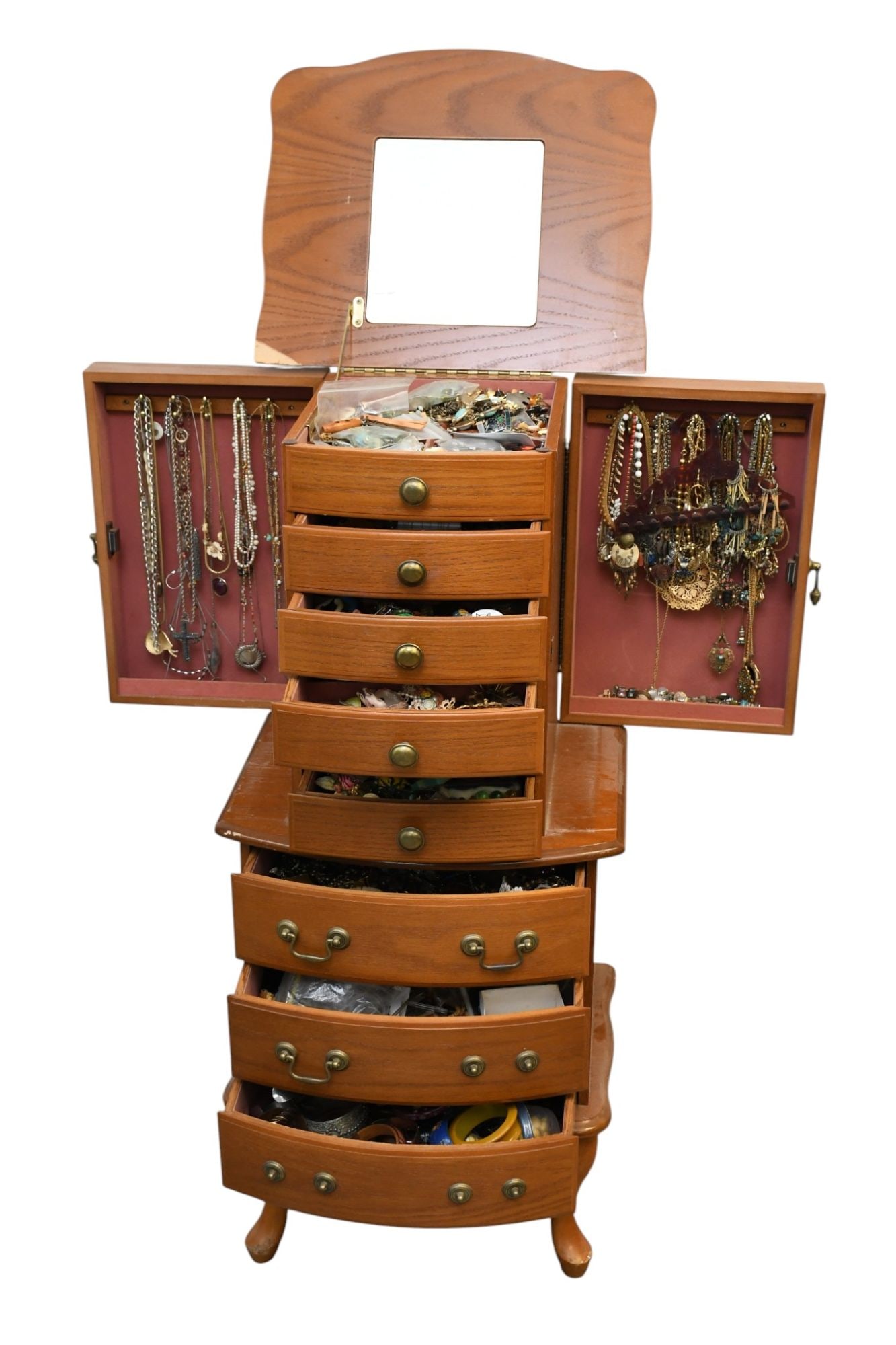 Wood Jewelry Chest Loaded with Costume Jewelry. Necklaces, bracelets, brooch, pendants, rings etc.: Wood Jewelry Chest Loaded with Costume Jewelry. Necklaces, bracelets, brooch, pendants, rings etc. Some designer names. ( some pieces need repair, missing stones and single earrings} 42" x 15" x18"