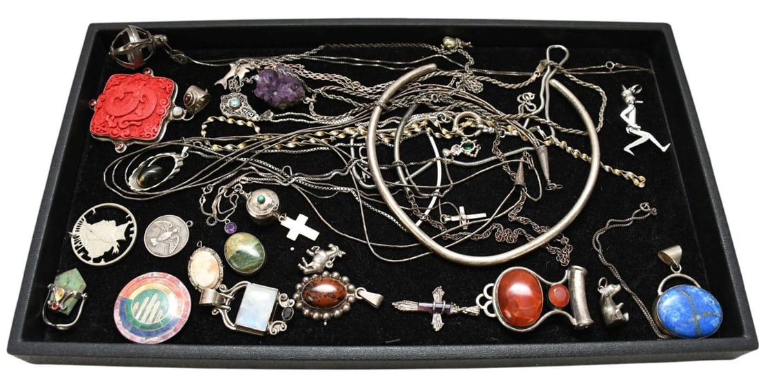 Sterling Silver Jewelry lot. Necklaces and Pendants some signed. Wt 12 ozts (1 of 6)