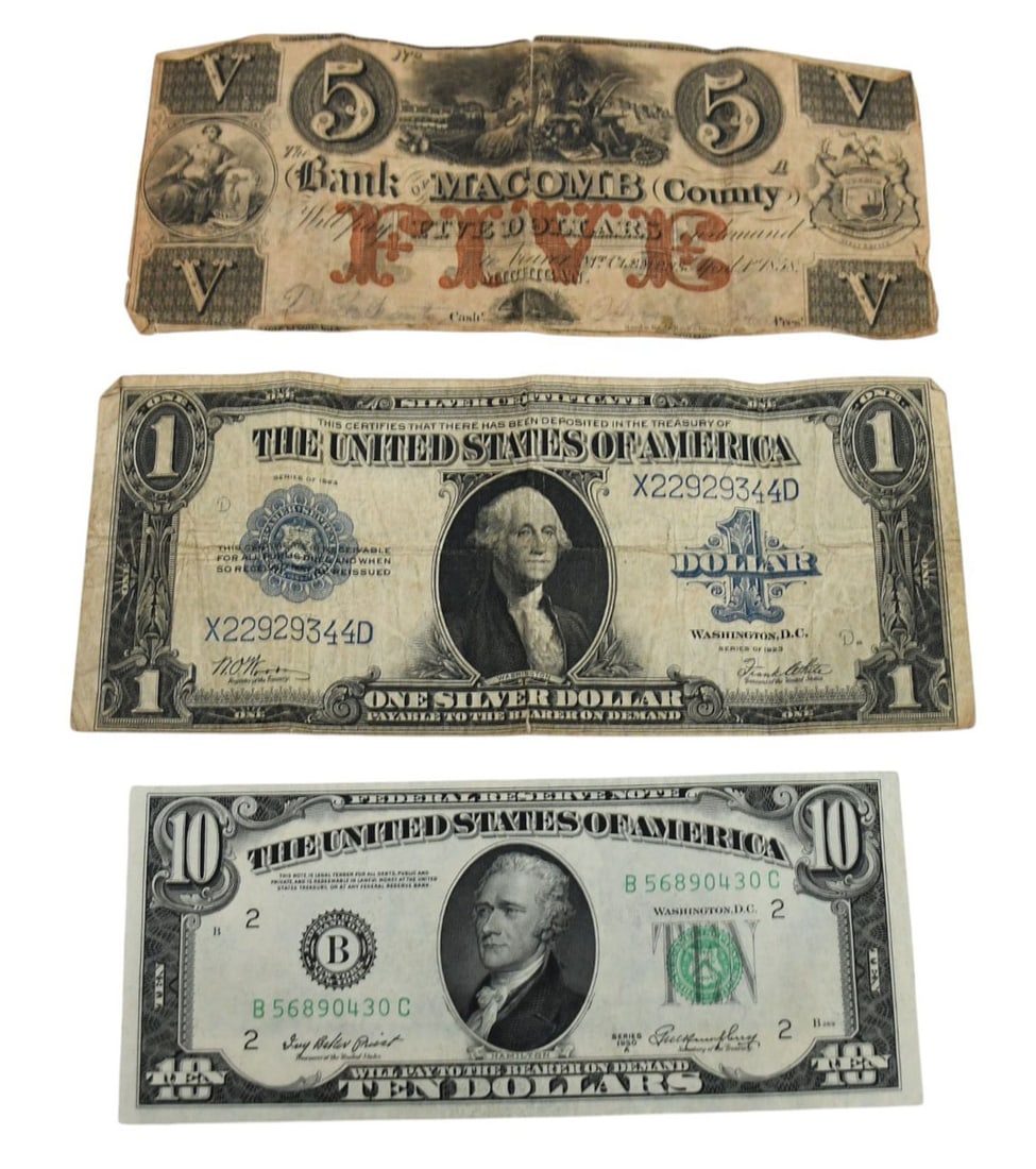 US Currency. 18 58 $5 Bank of Macomb County Mt. Clemens Michigan bank note, $1 dollar silver (1 of 7)