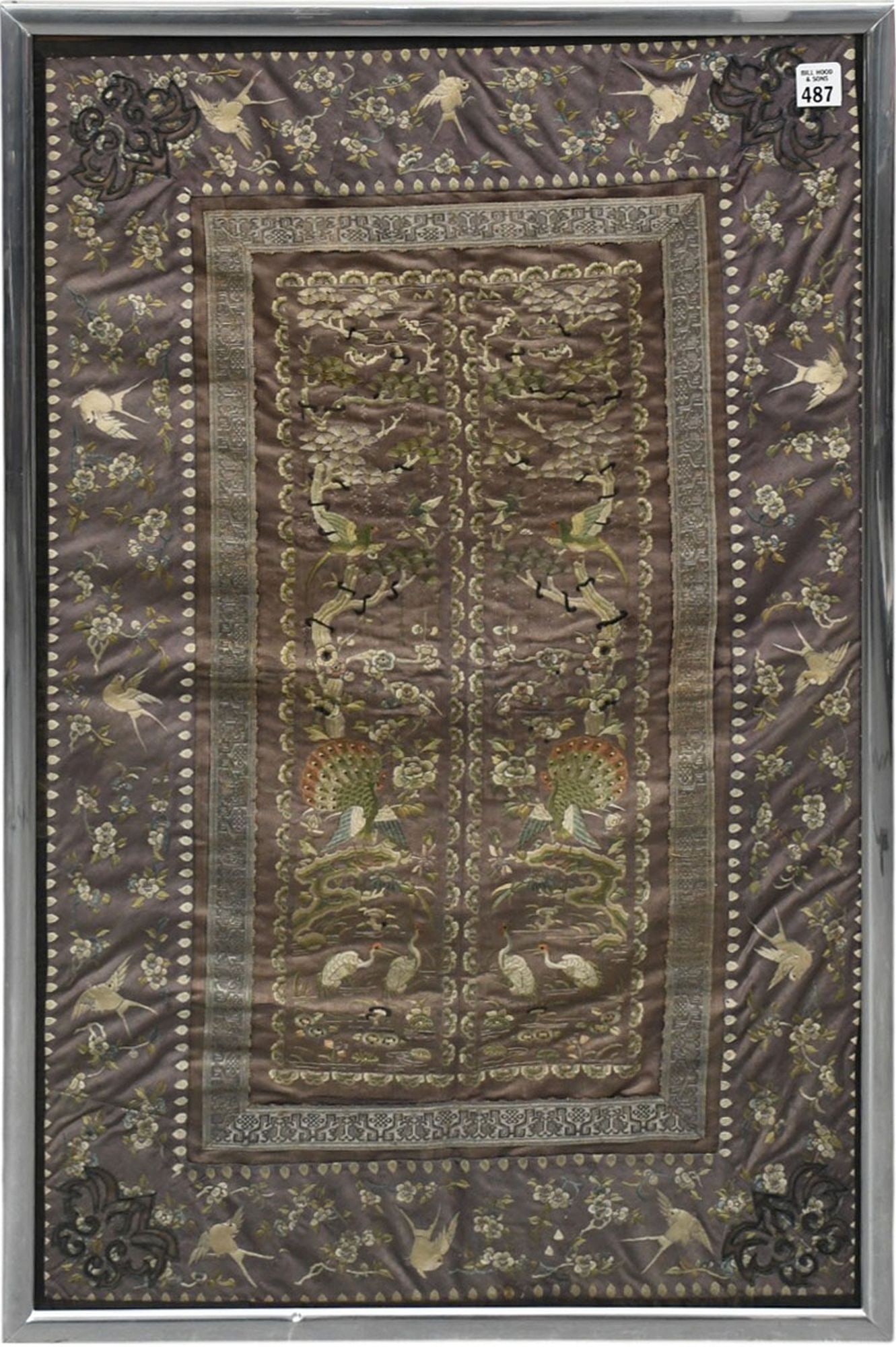 Chinese silk embroidery panel with traditional birds, flower and figures. Some fading. 32 x 21: Chinese silk embroidery panel with traditional birds, flower and figures. Some fading. 32 x 21 inches