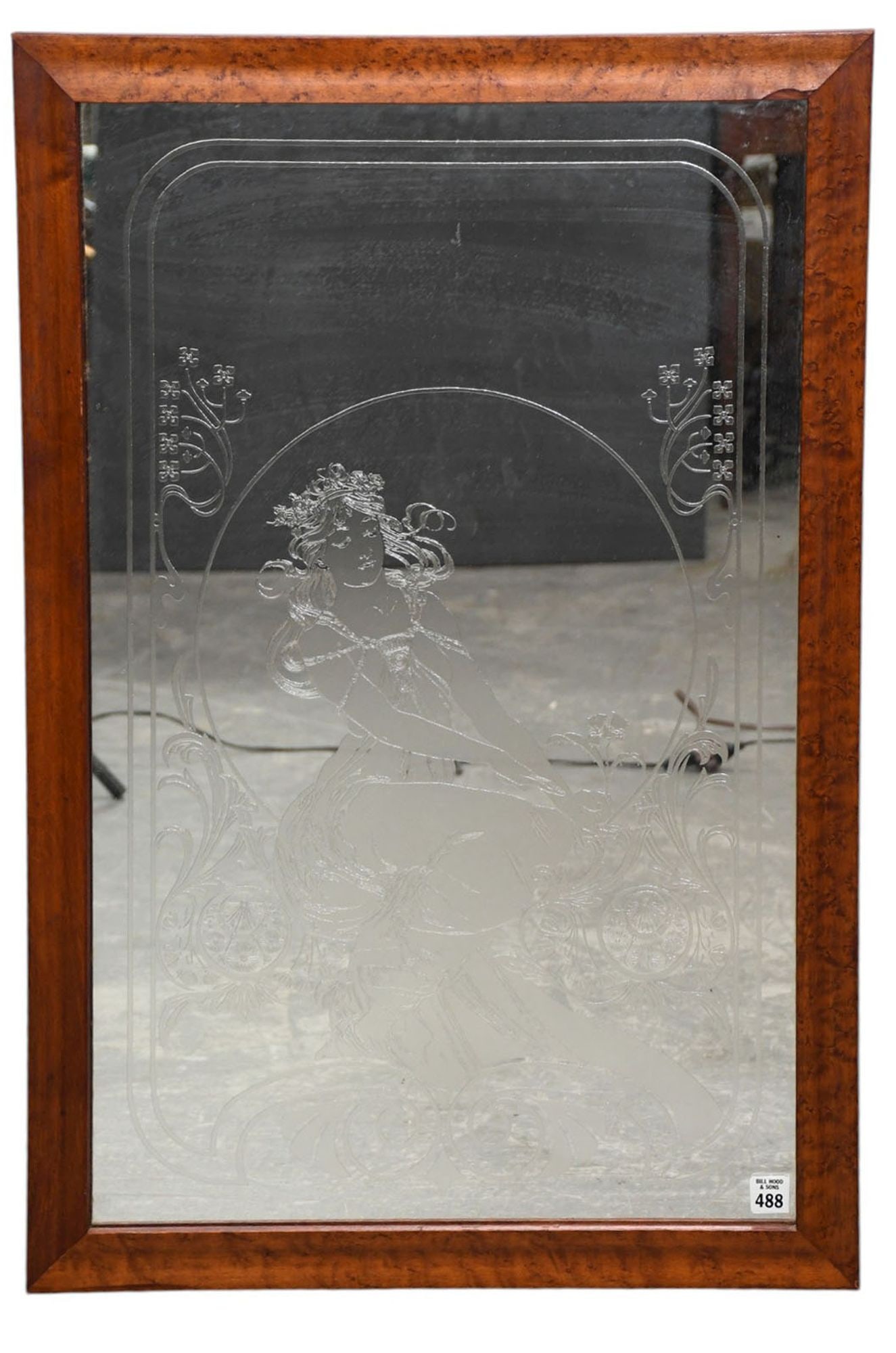 Art Nouveau style figure mirror, Birdseye maple veneer frame 34 x 22 1/2” L: Art Nouveau style figure mirror, Birdseye maple veneer frame 34 x 22 1/2” L