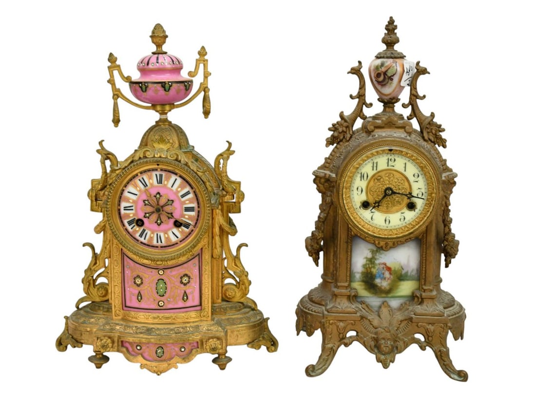2 Antique Mantle Clocks with Bronze Cases, Pink Porcelain Panels with Enameling Design 13"h x 7"w;: 2 Antique Mantle Clocks with Bronze Cases, Pink Porcelain Panels with Enameling Design13"h x 7"w; (1) with Painted Courting Couple, (1) Garland Drape Designs at Sides,2 Keys for Pink Clock Only