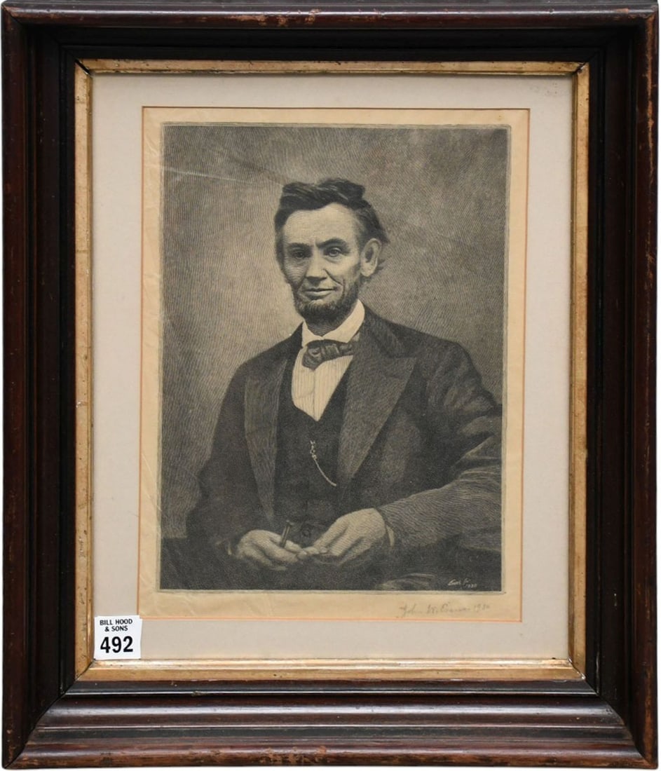 John Evans-Abe Lincoln Engraving ca. 1930 signed and dated J W. Evans 1930. framed approx. 17 x 14: John Evans-Abe Lincoln Engraving ca. 1930 signed and dated J W. Evans 1930. framed approx. 17 x 14 inches
