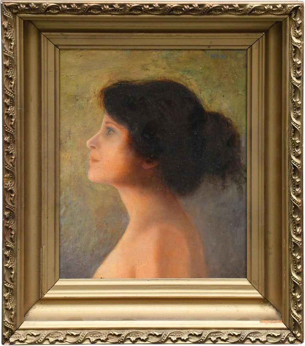 Vintage profile Portrait of a lady. Oil on board, signed upper right MDH. Painting size 9-5/8 x: Vintage profile Portrait of a lady. Oil on board, signed upper right MDH. Painting size 9-5/8 x 10-5/8 in. Overall framed sizes 14-1/2 x 12-1/2 inches.