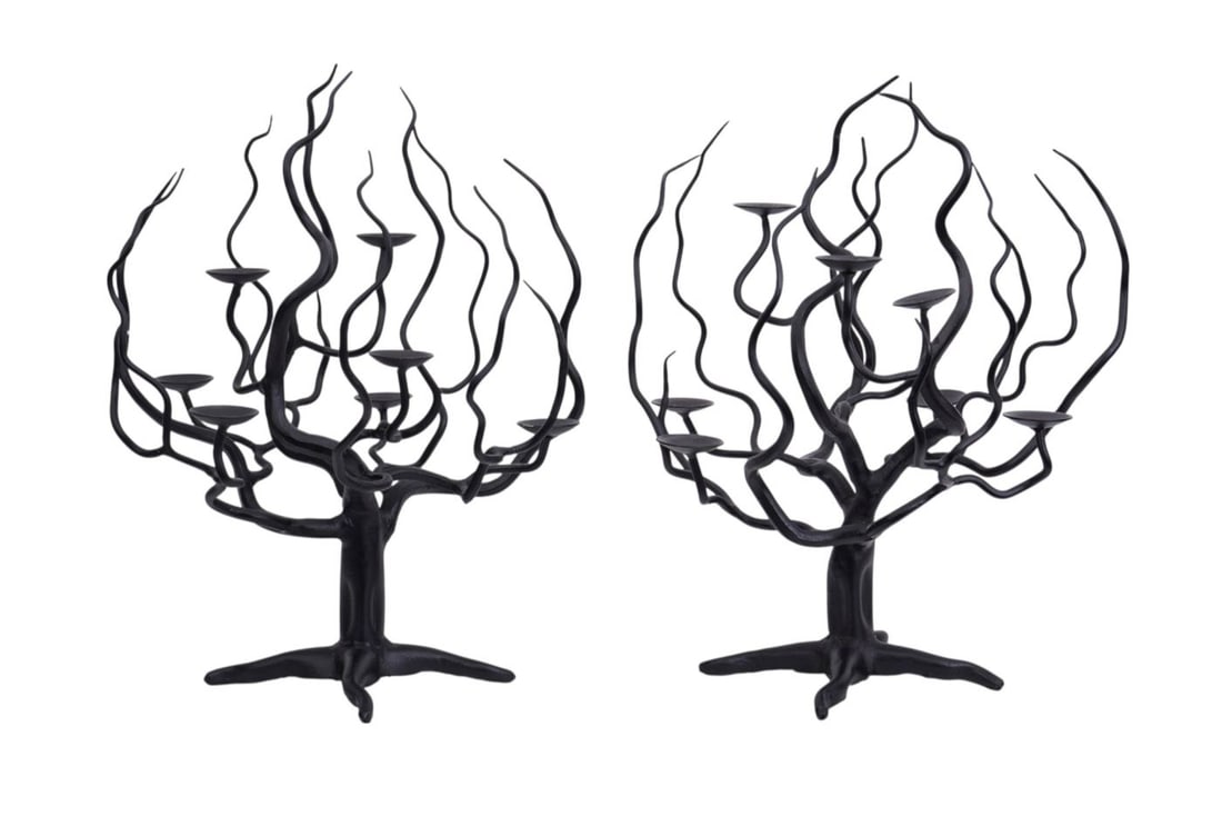 Pair Sculptural Bronze/Iron Tree Form Candelabras, 18"h x 13"w: Pair Sculptural Bronze/Iron Tree Form Candelabras, 18"h x 13"w