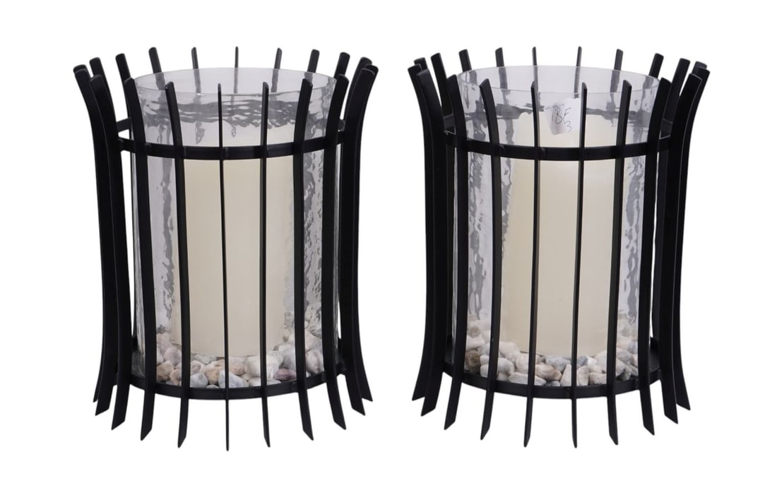 Pair Black Bronze/Iron Hurricane Lamps, 12"h x 11"w (incl. slightly used candles): Pair Black Bronze/Iron Hurricane Lamps, 12"h x 11"w (incl. slightly used candles)