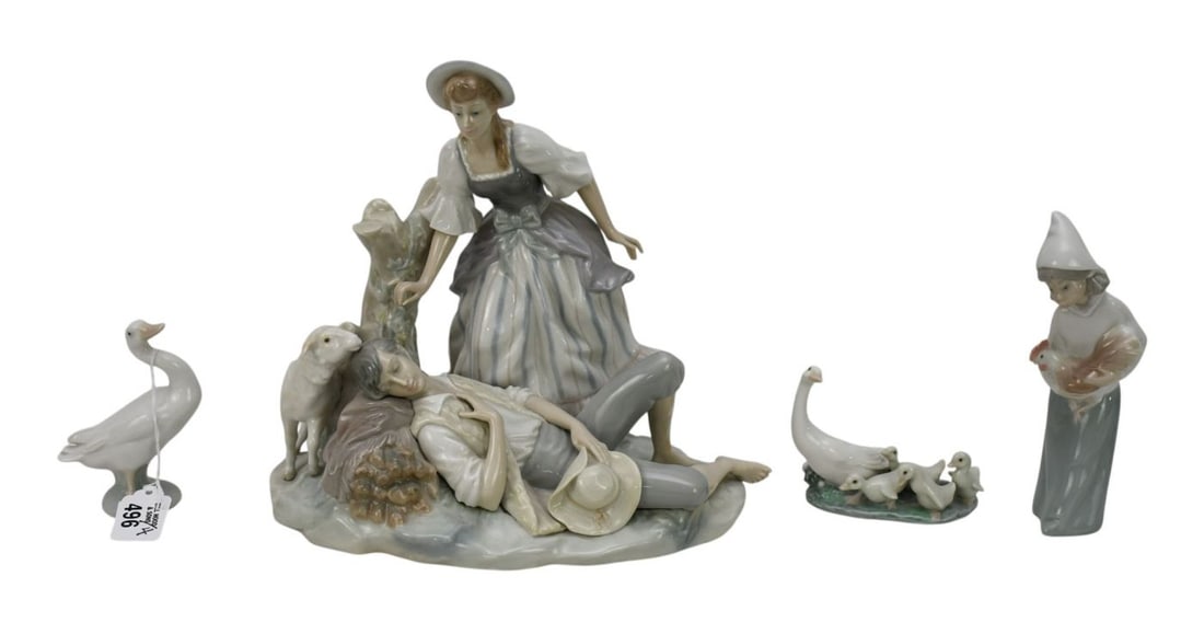 4 Lladro Porcelain Figures, One Grouping, Ducks & Girl with Rooster. Tallest 12"h x 11"w x 8"d: 4 Lladro Porcelain Figures, One Grouping, Ducks & Girl with Rooster. Tallest 12"h x 11"w x 8"d
