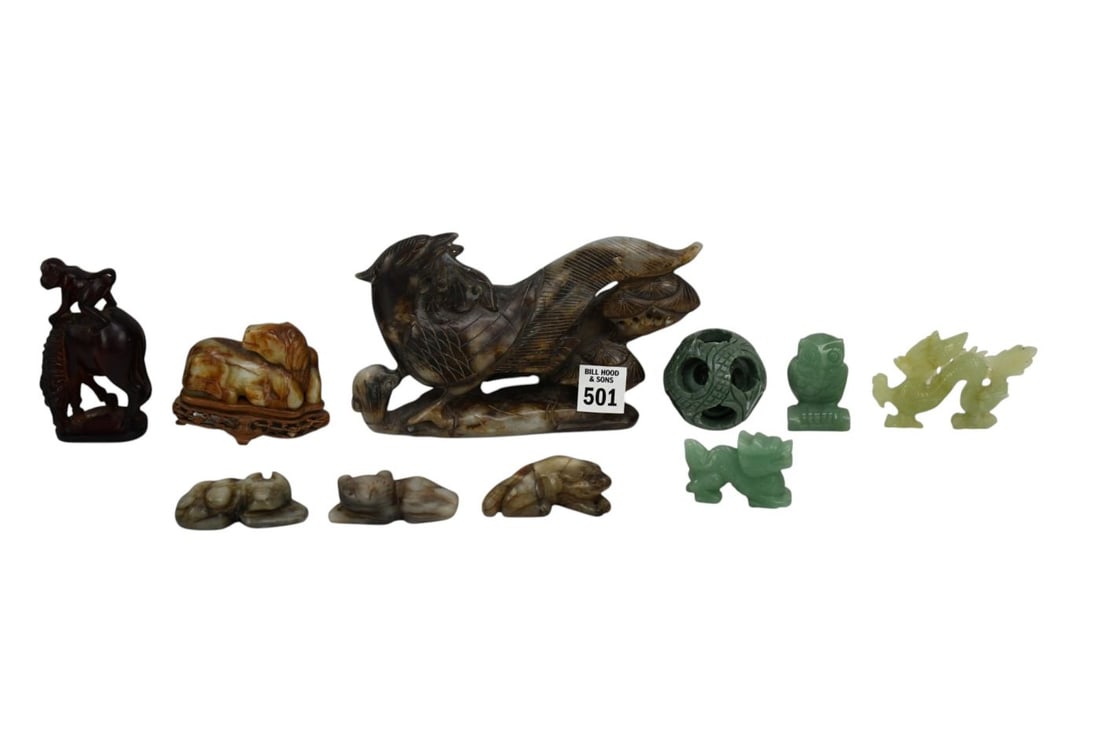 Chinese Jade Hardstone Lot: Lg. bird 7 x 5 in. Amber style Monkey on horse, Jade smal. Horse and 3 (1 of 14)