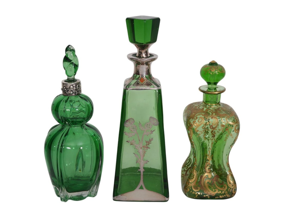 Group of 3 Green Glass Decanters, Bafredia England Bulbous Form Decanter with Silver Neck (couple: Group of 3 Green Glass Decanters, Bafredia England Bulbous Form Decanter with Silver Neck (couple little chips to base), Silver Overlay Green Glass Decanter with Scottish Thistle Design AND Gilt & Gre