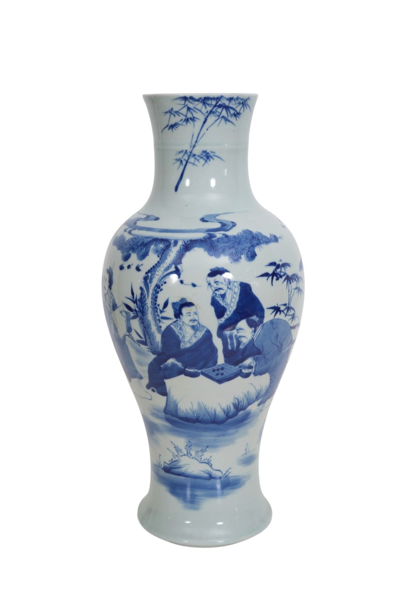Chinese Baluster Shape Vase with Blue Landscape on White Background, 16 1/4"h x 4" Opening: Chinese Baluster Shape Vase with Blue Landscape on White Background, 16 1/4"h x 4" Opening