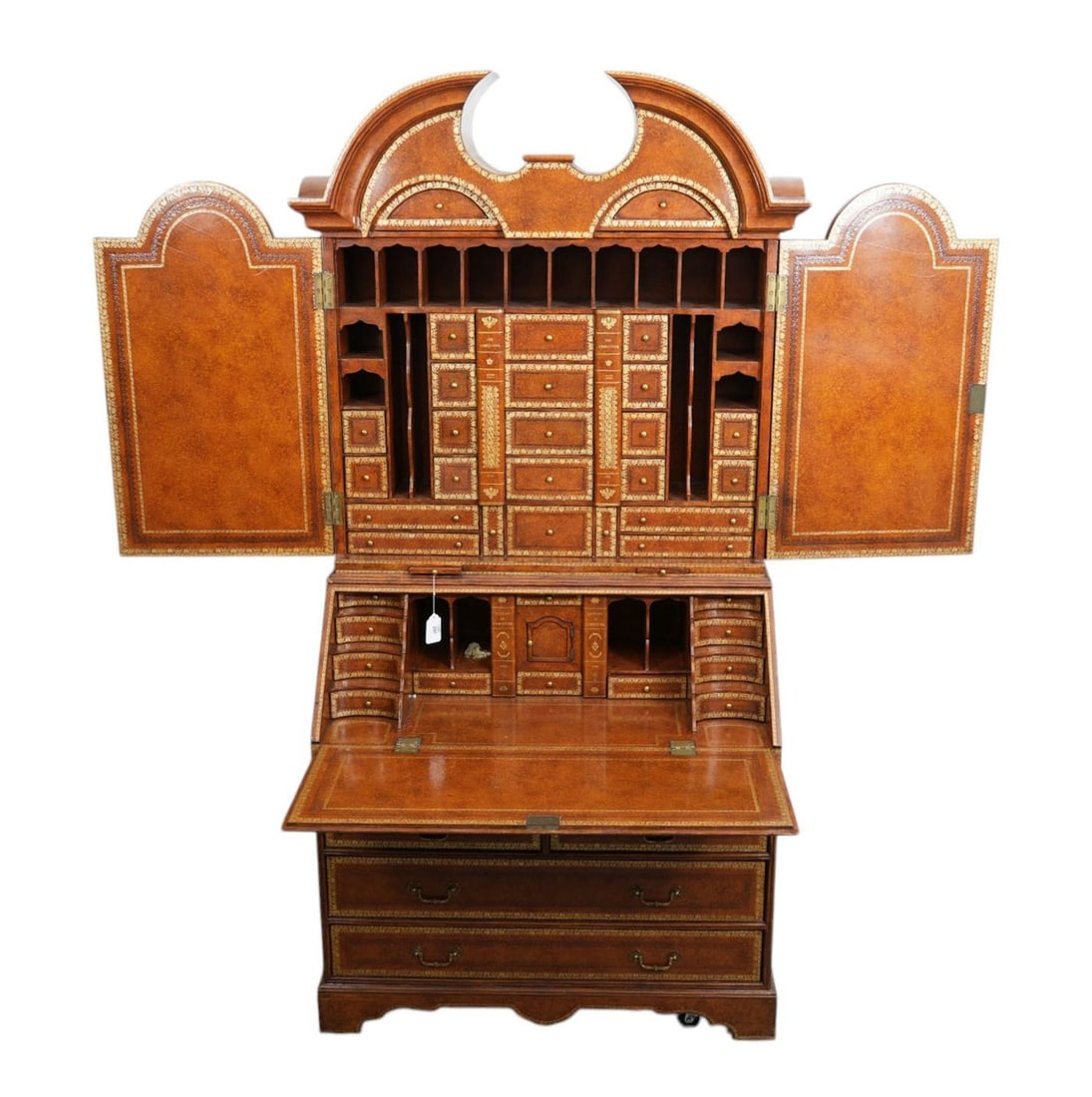 Maitland Smith Secretary, Entirely Covered in Leather Finish, Exterior & Interior, Broken Arch (1 of 15)