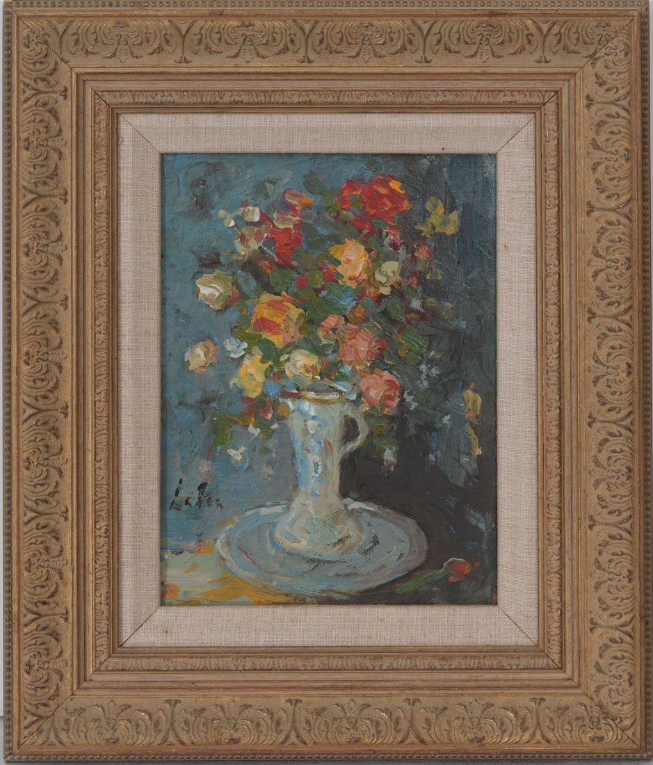 20th century French school signed illegibly. Sill life oil on canvas featuring a vibrant bouquet of: 20th century French school signed illegibly. Sill life oil on canvas featuring a vibrant bouquet of flowers. Ornate carved git frame 15 x 15 and without7 x 9