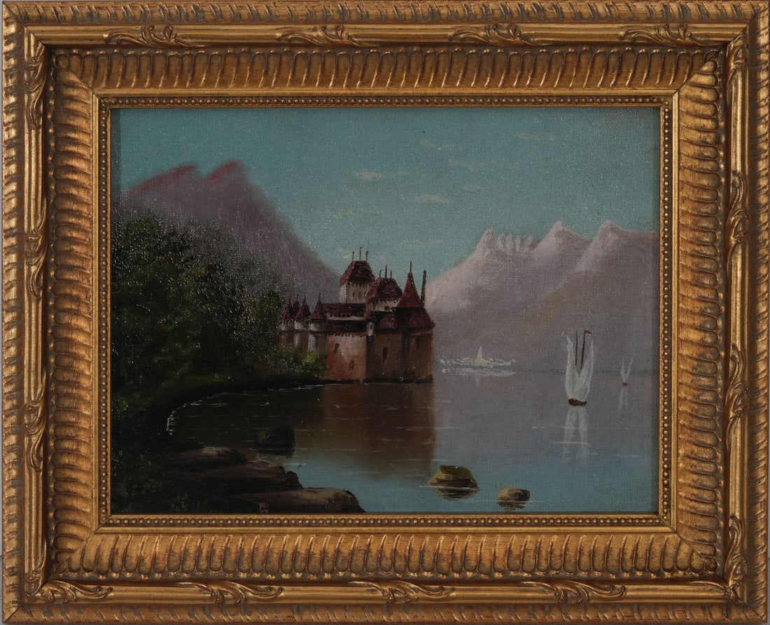 19th century romantic landscape oil on canvas depicting the famous Chateau de Chillon on the edge of: 19th century romantic landscape oil on canvas depicting the famous Chateau de Chillon on the edge of lake Geneva Switzerland. Gilded gold frame 10 1/2 x 8 1/2 without 8 x 6 inches