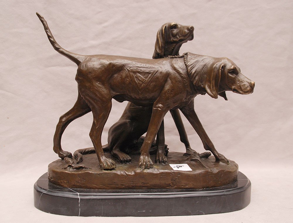2 bronze bloodhounds, after A. Cain, 8 3/4"h x 11"w: 2 bronze bloodhounds, after A. Cain, 8 3/4"h x 11"w
