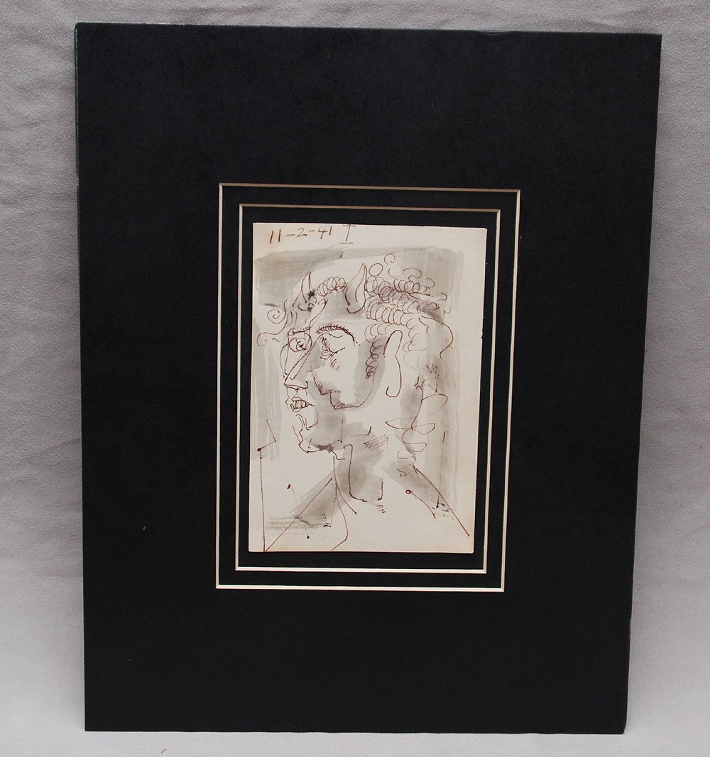 Circle of Pablo Picasso (Spanish 1908-1909) ink/wash on: Circle of Pablo Picasso (Spanish 1908-1909) ink/wash on paper, ï¿½Head of Faunï¿½, inscribed ï¿½11-2-41 Iï¿½, 6 ï¿½ x 4 ï¿½ ï¿½