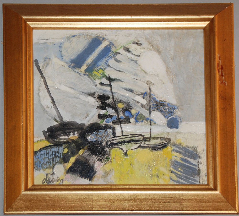 Pair of oil on canvas by Joel Dabin French, b.1933: Pair of oil on canvas by Joel Dabin (French, 1933 - 2003) dated '97 and titled on verso, "Femmes A Benares" & Regates Bretonnes" both canvas size approx. 12" x 12", Provenance: Purchased from Phillips