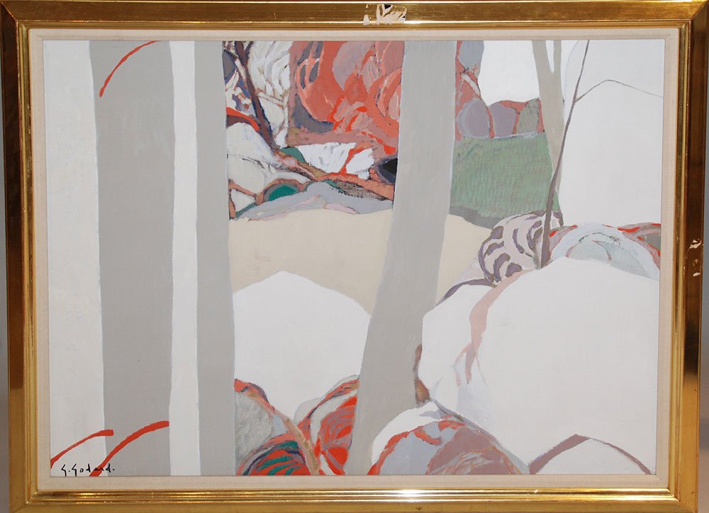 Gabriel Godard (French b. 1933 - ) o/c Pique - Nique: Gabriel Godard (French b. 1933 - ) oil on canvas, Abstract, title on verso, 35 1/2" x 45 1/2" in gold leaf frame, Provenance: Purchased from Phillips Gallery Palm Beach FL