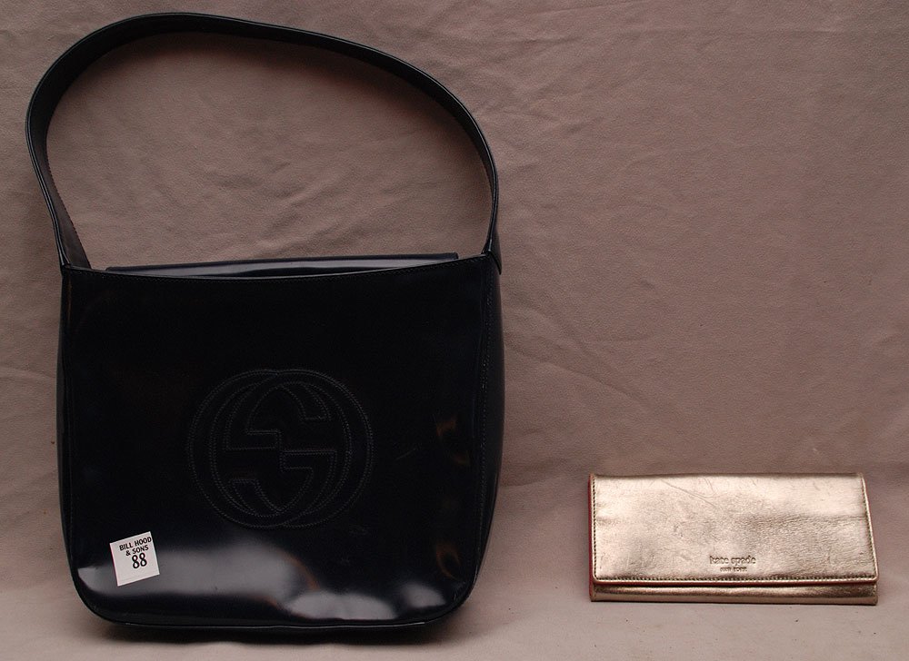 Vintage Gucci style purse (could be real, not sure): Vintage Gucci style purse (could be real, not sure) liner inside peeling (16"h x 10 1/2"w) AND vintage Kate Spade wallet, pink on inside (worn)