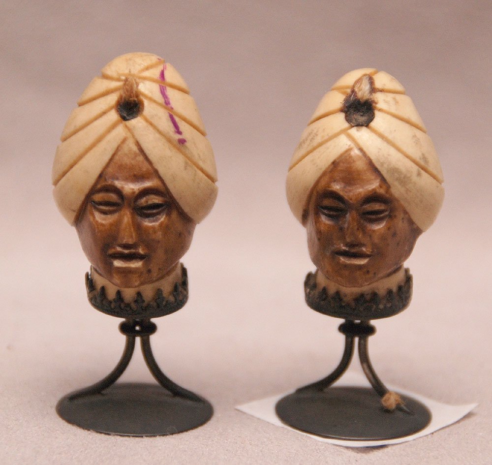 Pr. miniature ivory Moroccan heads "800" silver bases: Pair miniature ivory Moroccan heads on "800" silver bases, 1"h