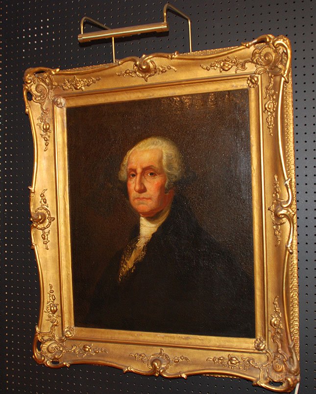 After Gilbert Stuart Am, Oil George Washington: AFTER Gilbert Charles Stuart (American 1755-1828) Antique 19th Century Portrait of George Washington oil on canvas, 29 x 25 in
